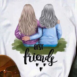 Best Friends Printed Round Neck Short-Sleeved Women T-Shirt Size LARGE